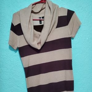 Cappuccino Striped Short Sleeve Cowl Neck Sweater